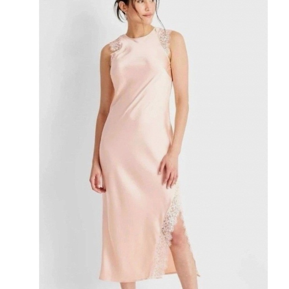 Future Collective Peach Satin Lace Trim Midi Dress Cap Sleeve Size Small NWT